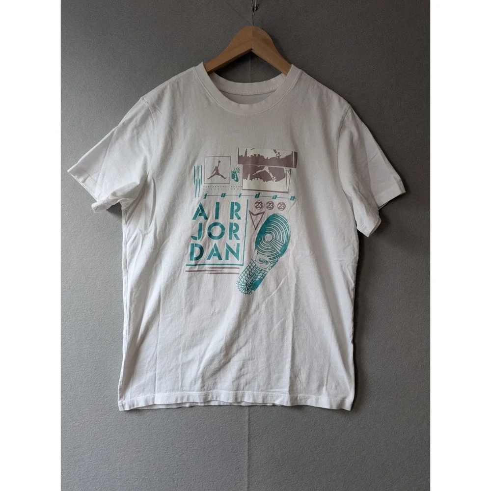 Men's Retro Air Jordan Graphic T Shirt Size Adult Large White Teal‎ Basketball